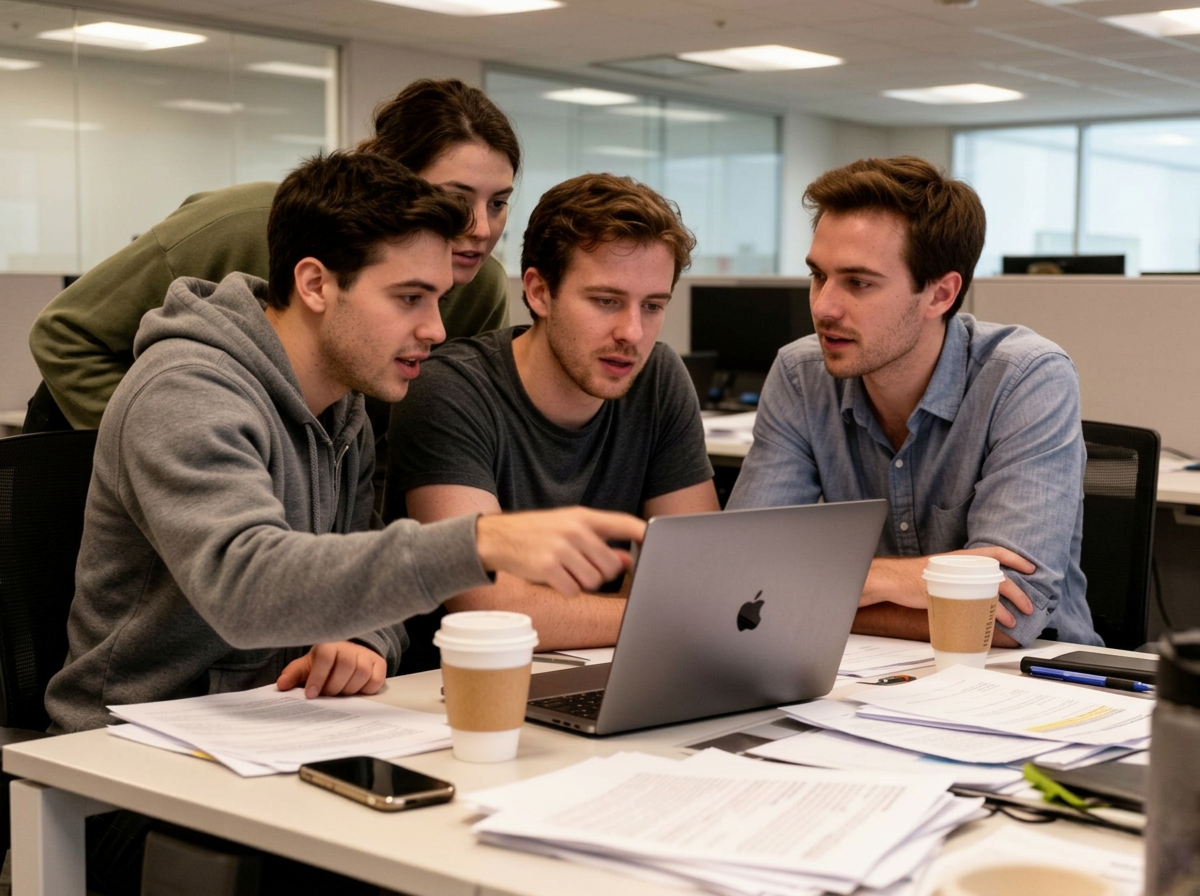 A team gathered around a whiteboard mapping out strategy.