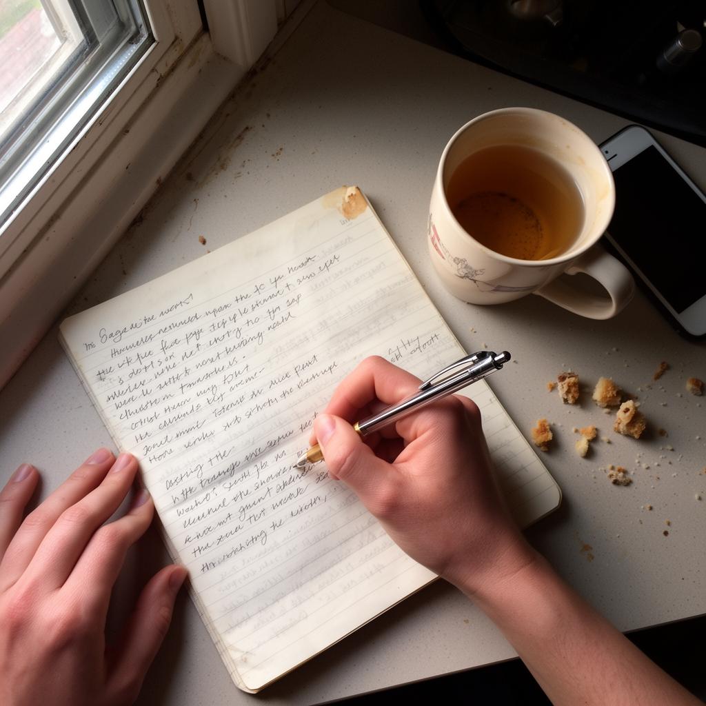 A woman writing in a notebook by a sunlit window.